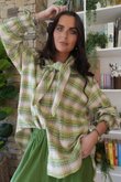Agnes Plaid Brushed Cotton Neckerchief Blouse Greens